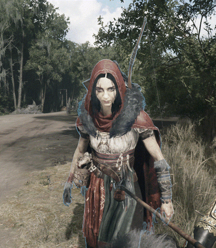 Woman In Red Hooded Cape Holding Sword GIF