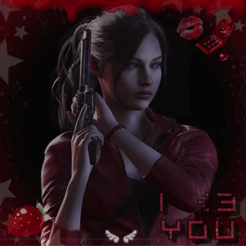 Woman in Red Jacket Holding Gun in Front of Clock Saying 3:40