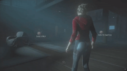 Woman In Red Jacket Saying Save Emily And Run Switching On Screen GIF