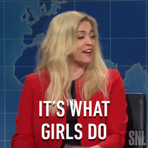 Woman In Red Jacket Says It's What Girls Do On SNL GIF