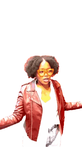Woman in Red Leather Jacket Making Call Me Gesture