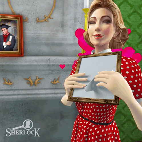 Woman in Red Polka Dot Dress Holding Sherlock Logo Frame