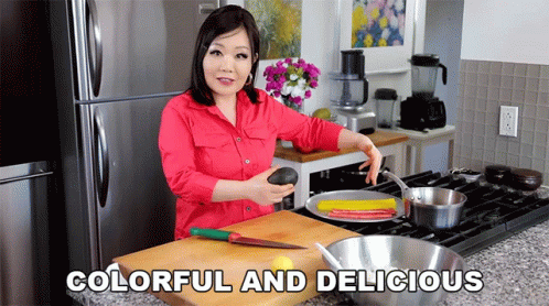 Woman in Red Shirt Cutting Avocado Colorful Delicious