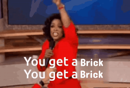 Woman in Red Shirt Holding Microphone Says You Get a Brick You Get a Brick