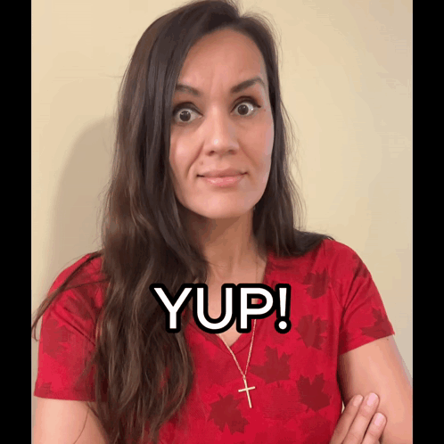 Woman in Red Shirt Saying Yup