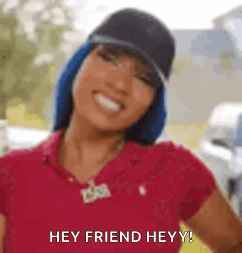 Woman in Red Shirt Smiling Saying Hey Friend
