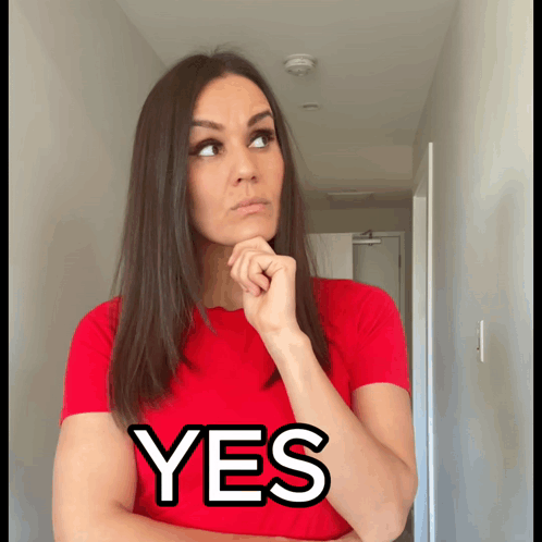 Woman in Red Shirt with Yes