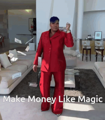 Woman in Red Suit Make Money Like Magic