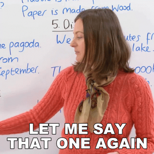Woman in Red Sweater at Whiteboard with Let Me Say That One Again