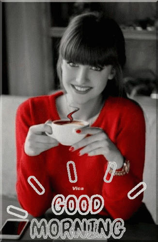 Woman in Red Sweater Holding Coffee Good Morning