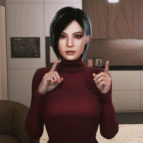 Woman in Red Sweater Pointing to Coffee Menu on Wall