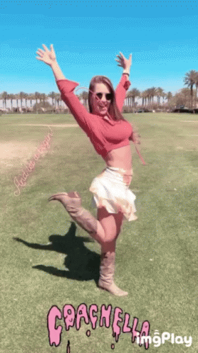 Woman In Red Top And White Skirt Arms Raised GIF
