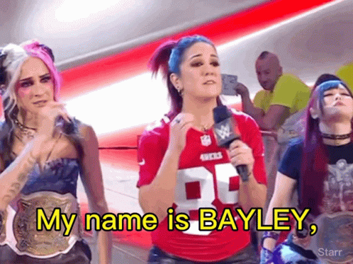 Woman in San Francisco 49ers Jersey Saying My Name Is Bayley
