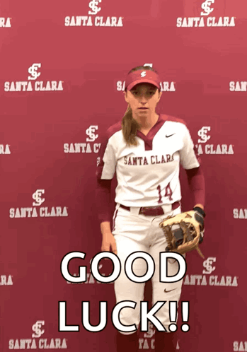 Woman In Santa Clara Jersey In Front Of Good Luck Wall GIF