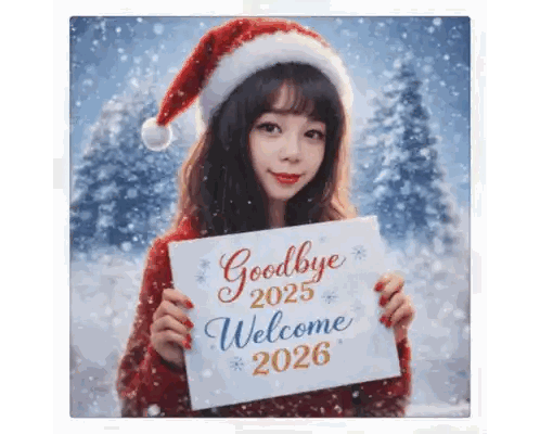 Woman in Santa Hat Holding Goodbye 2025 Welcome 2026 Sign