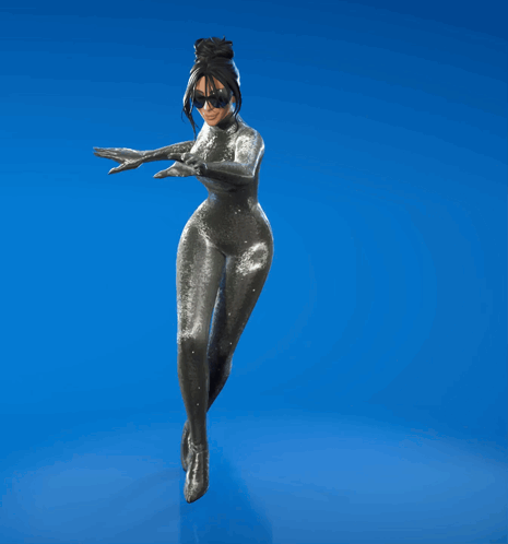 Woman In Silver Bodysuit And Sunglasses On Blue Surface GIF