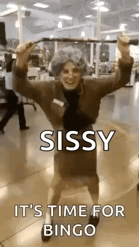 Woman In Sissy Costume Dancing Gym With Cane GIF