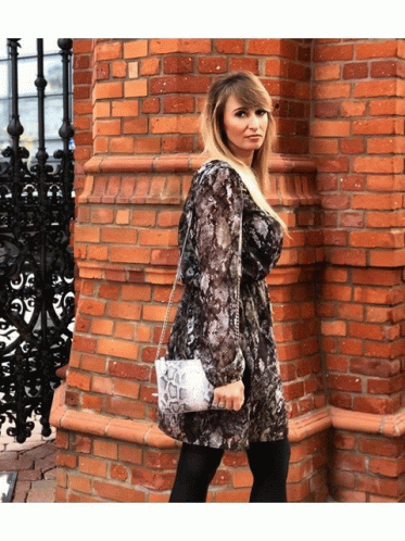 Woman In Snake Print Dress By Brick Wall GIF
