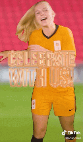 Woman in Soccer Uniform with Celebrate with Us