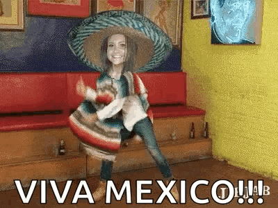 Woman In Sombrero And Poncho Dancing Viva Mexico GIF