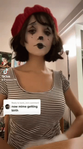 Woman In Striped Shirt And Red Beret Saying Now Mime Getting Birth GIF
