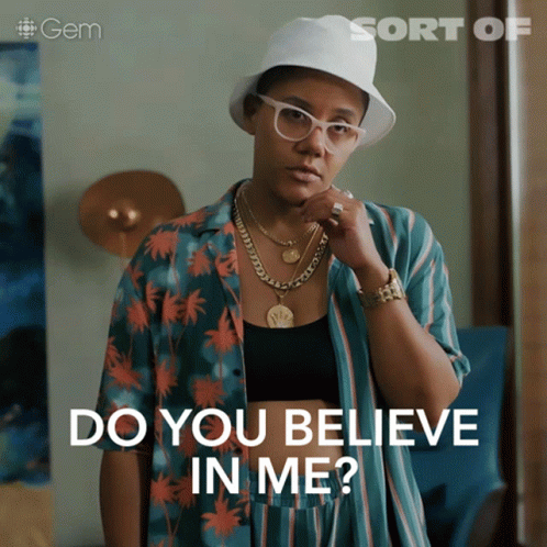 Woman in Striped Shirt and White Hat Saying Do You Believe in Me
