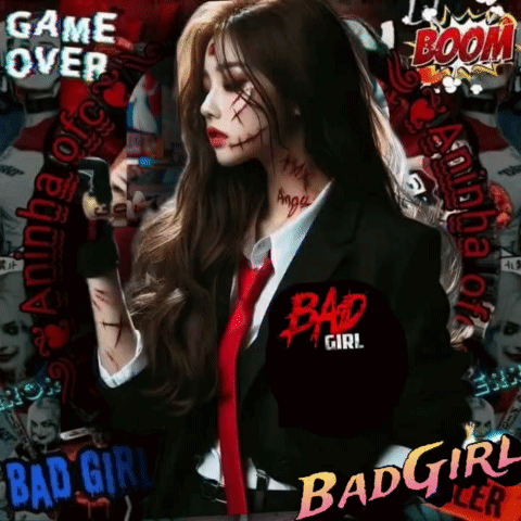 Woman in Suit and Tie With Bad Girl on Sleeve