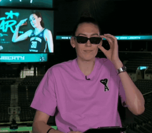 Woman In Sunglasses And Purple Shirt With Letter A GIF