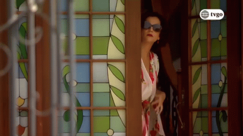 Woman in Sunglasses by Stained Glass with TVGO Logo