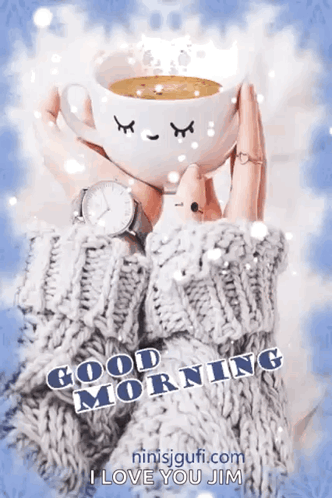 Woman in Sweater Holding Coffee Saying Good Morning