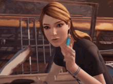 Woman in Video Game Holding Blue Object