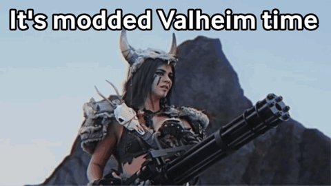 Woman In Viking Costume Holding Machine Gun It's Modded Valheim Time GIF