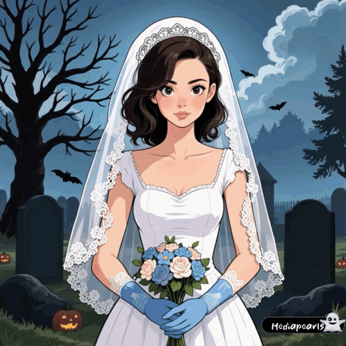 Woman in Wedding Dress Holding Blue Roses