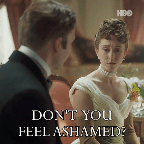 Woman In White Dress Asks Man Don't You Feel Ashamed GIF