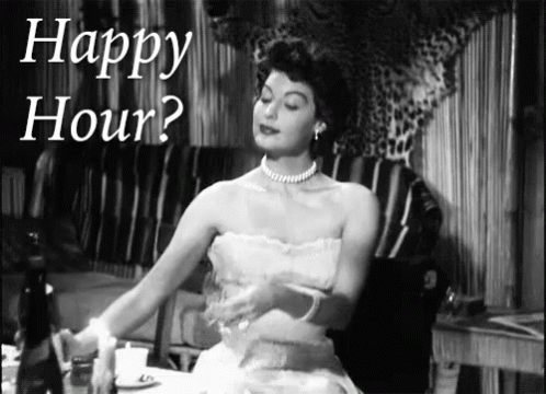 Woman In White Dress At Table Under Happy Hour GIF