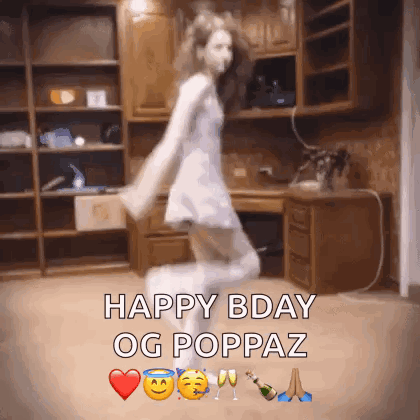 Woman in White Dress Dancing Happy Bday Og Poppaz