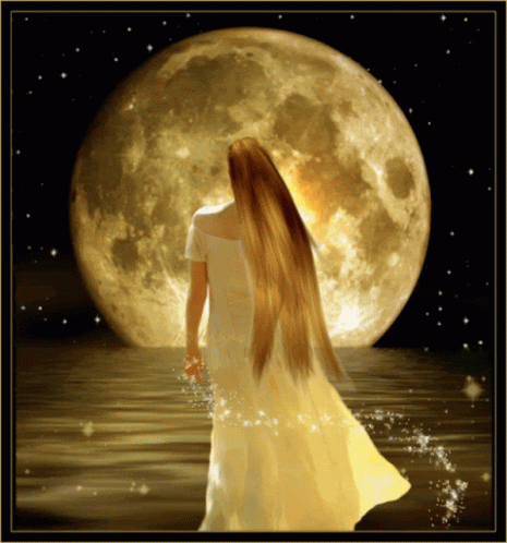 Woman In White Dress Facing Super Moon GIF