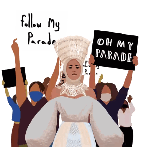 Woman in White Dress Holding Follow Parade Sign