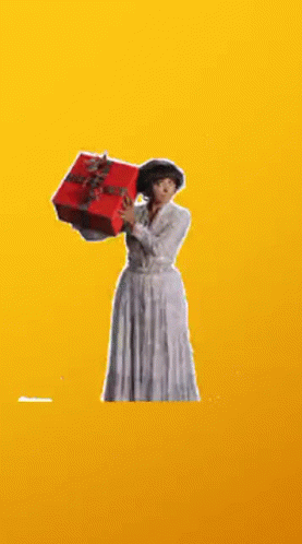Woman in White Dress Holding Red Box on Yellow Background