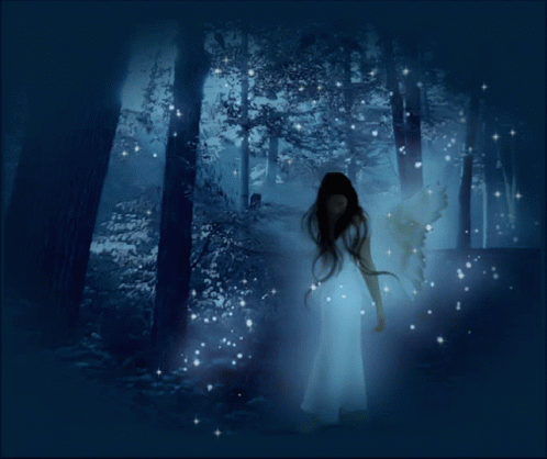 Woman in White Dress in Dark Forest Surrounded by Stars