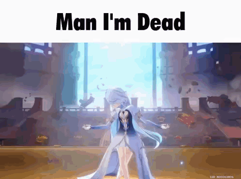Woman in White Dress on Stage Saying Man I'm Dead
