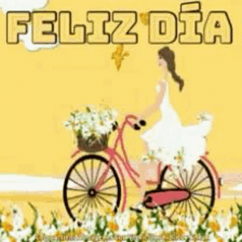 Woman in White Dress Riding Bicycle With Flowers Feliz Dia