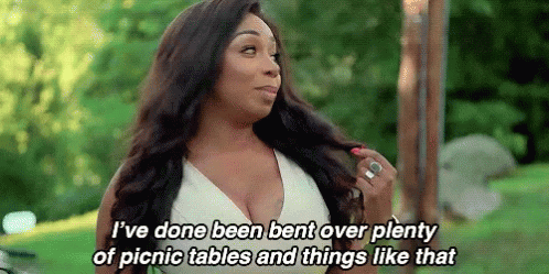 Woman In White Dress Saying I've Done Been Bent Over Plenty Of Picnic Tables And Things Like That GIF