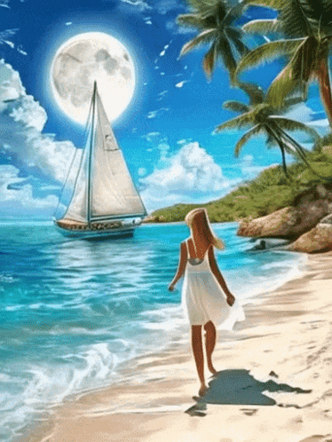 Woman in White Dress Walking on Beach with Sailboat