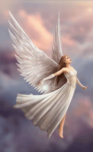 Woman In White Dress With Angel Wings Flying GIF