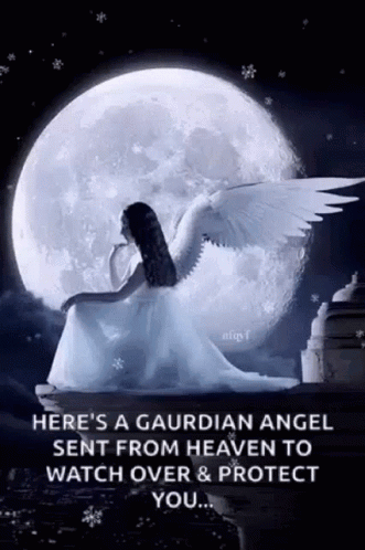 Woman in White Dress With Angel Wings Under Full Moon