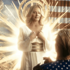 Woman in White Dress With Halo in Front of American Flag