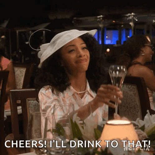 Woman In White Hat Holding Champagne Cheers GIF