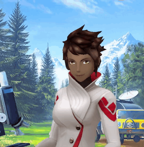 Woman In White Jacket With Red Sleeves By Mountain GIF