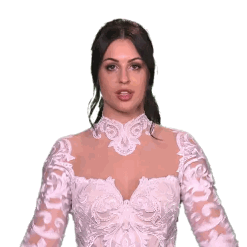 Woman in White Lace Dress Making Gesture